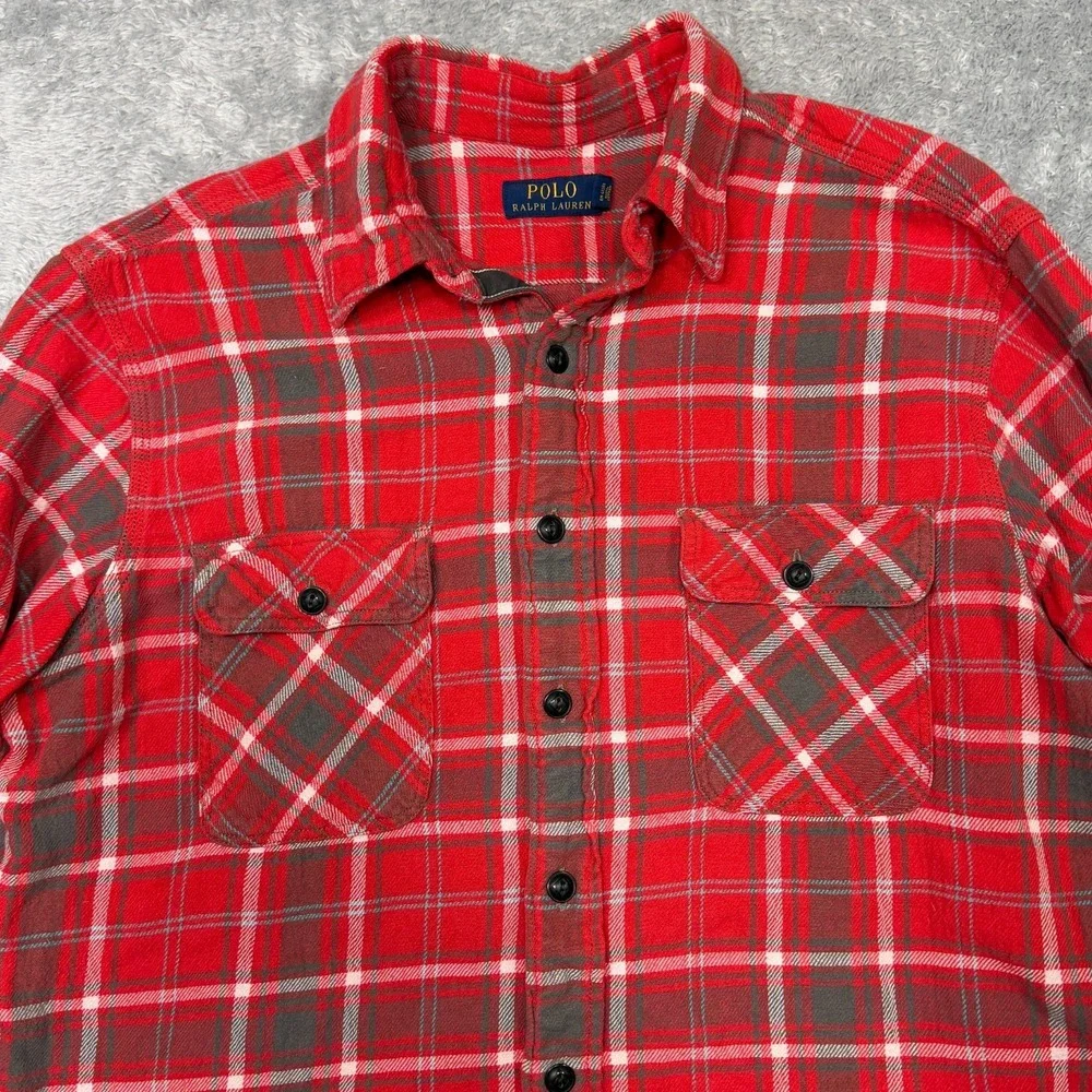 Polo Ralph Lauren Flannel Workshirt Mens Large L Red Plaid Long Sleeve Shirt